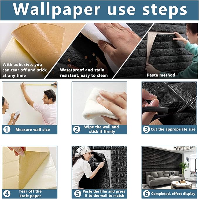 10 PCS Black 3D Wall Panels, 14.5 sq.feet Coverage, Printable Wallpaper Sticker with Self-Adhesive Waterproof Brick PE Foam Wall Panels Peel and Stick for Interior Wall Decor, Home Decoration
