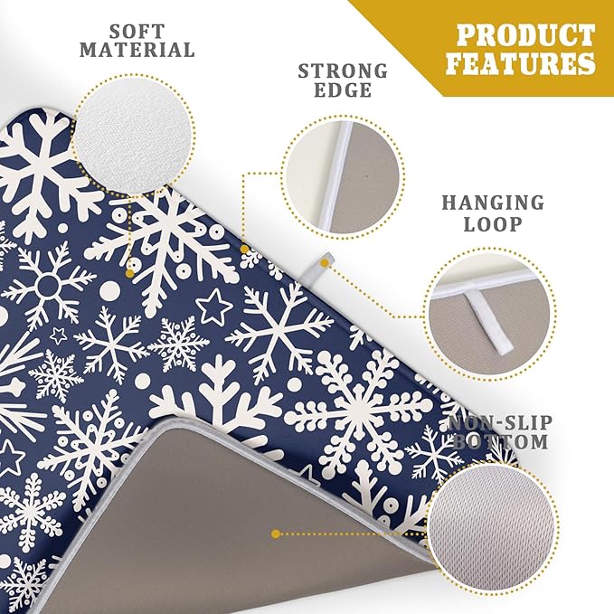 Dark Blue Winter Dish Drying Mat for Kitchen Counter 18x24 Cream Snowflake Holiday Theme Seasonal Absorbent Reversible Microfiber Drying Mats Kitchen Countertop Protector Dishes Drainer Pad