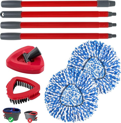 Spin Mop Handle,Mop Head,Base and Brush for OCedar RinseClean 2 Tank System,Include 2 Microfiber Spin Mop Replacement Head,4 Section 30-58" Iron Mop Handle,1 Base and 1 Scrub Brush for Floor Cleaning
