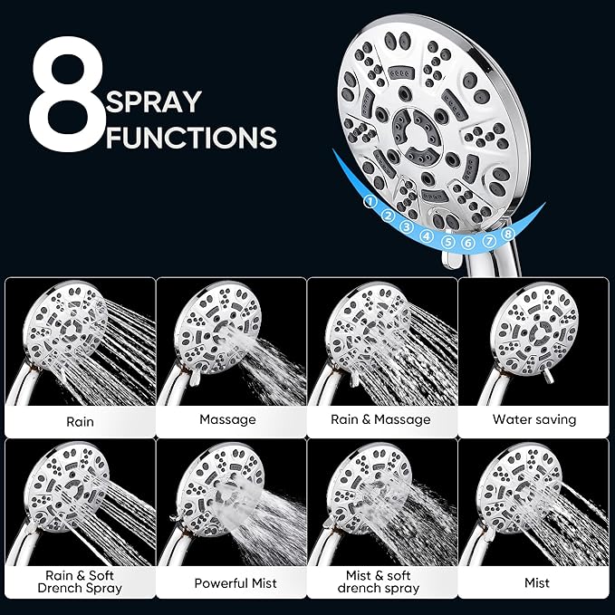 Cobbe 8-Setting Handheld Shower Head with High Pressure Shower Heads - Bathroom Showerhead Set - Detachable Showerhead with 5ft Stainless Steel Hose and Brass Swivel Bracket (Chrome)