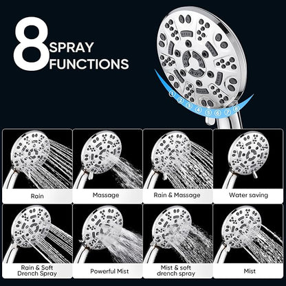 Cobbe 8-Setting Handheld Shower Head with High Pressure Shower Heads - Bathroom Showerhead Set - Detachable Showerhead with 5ft Stainless Steel Hose and Brass Swivel Bracket (Chrome)