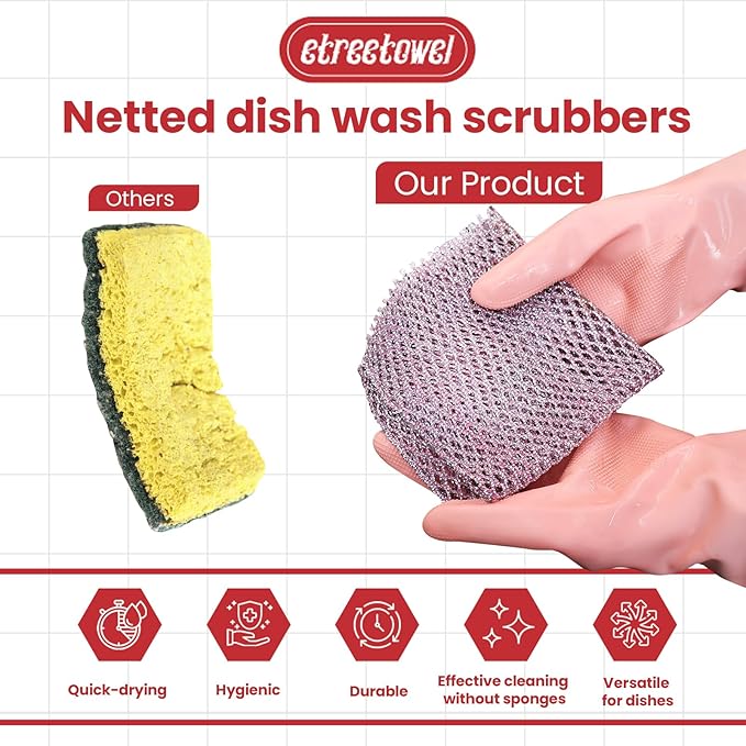 Long Duty Dish Scrubber (8PCs) Non Scratch Scourer Cloth Pads and Pot Scrubbers Netted Wash - Replace Kitchen Sponges for Dishwashing No Odor dishwash Durable Pan Cleaner