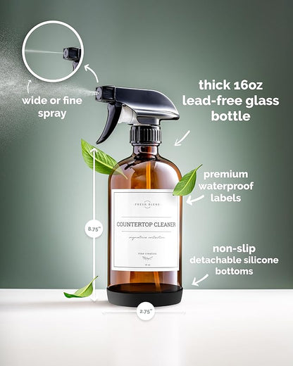 Vine Creations Amber Glass Spray Bottles, 2 Pack Glass Refillable Bottles for Cleaning solutions, 16 oz Spray Bottle for Cleaning, Mister Spray Bottle, Amber Spray Bottles with Waterproof Labels