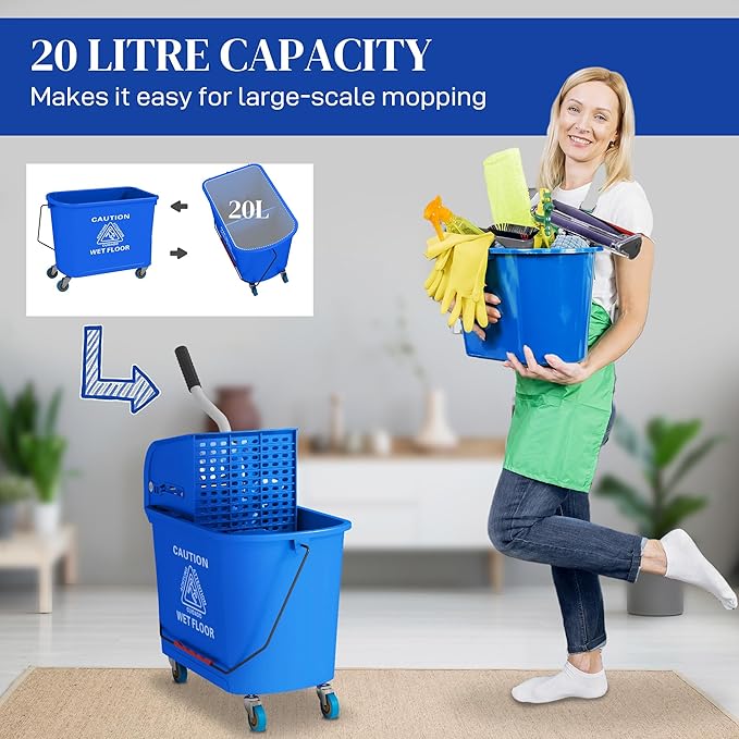 HOMCOM Commercial Mop Bucket with Side Press Wringer on Wheels for Floor Cleaning, 21 Quart, Separate Dirty and Clean Water, for Home Apartment Small Business and Office, Blue