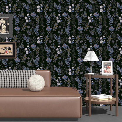 Fvlow Black Blue Floral Wallpaper Peel and Stick Boho Blue Purple Leaf Contact Paper 17.4" X 118" Vintage Wallpaper Waterproof Self-Adhesive Dark Wall Covering for Bedroom Countertop Desk Cabinets