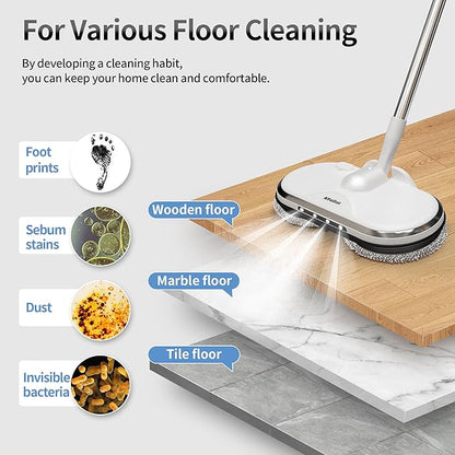 Electric Mop, AlfaBot WS-24 Cordless Spin Mop for Floor Cleaning, Lightweight & Rechargeable Floor Cleaner with Water Sprayer and LED Headlight for Hardwood and Tile Floors, White