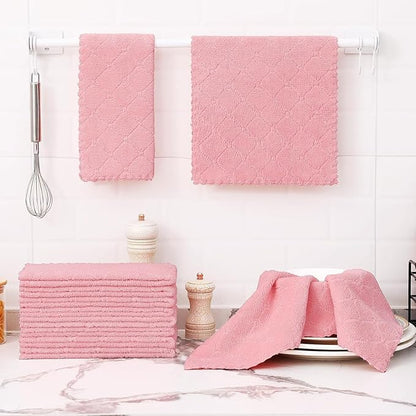 Homaxy 12 Pack Dish Towels for Kitchen (10 x 20 Inches, Pink), Super Soft and Absorbent Coral Velvet Dish Cloths for Washing Dishes, Nonstick Oil Fast Drying Microfiber Cleaning Cloth