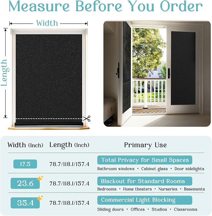 Haton Blackout Window Film Kit, Frosted Privacy Cover for Glass, Sun Light Blocking Black Out Window Tint, Static Cling Room Darkening Heat Control Shades for Home Day and Night, Black 23.6" x 78.7"
