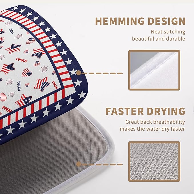 4th of July Dish Drying Mats for Kitchen Counter Patriotic Independence Day Kitchen Dishes Dryer Pad Stars Absorbent Dish Mat Microfiber Washable Foldable Reusable Large 18x24 in