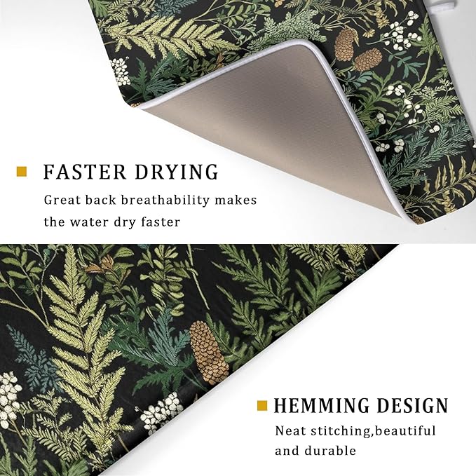 Green Plant Fern Leaves Floral Dish Drying Pad 18 x 24 Inch With Absorbent Reversible Microfiber Black Flower Botanical Leaf Vintage Drying Mats Dish Drainer Mat Fast Dry For Kitchen Dining Room
