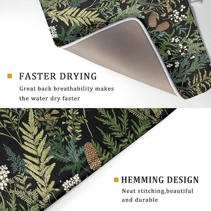 Green Plant Fern Leaves Floral Dish Drying Pad 18 x 24 Inch With Absorbent Reversible Microfiber Black Flower Botanical Leaf Vintage Drying Mats Dish Drainer Mat Fast Dry For Kitchen Dining Room