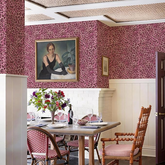 JiffDiff Upgrade Leopard Print Peel and Stick Wallpaper, 17.3" x 400" Waterproof Removable Self Adhesive Wallpaper, Pink Unique Funky Cheetah Contact Paper for Bedroom, Bathroom, Decor