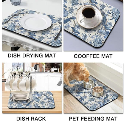 Dish Drying Mat for Kitchen Counter 2 Pack with Non-Slip Rubber Backing - Heat-Resistant Absorbent Coffee Bar Mat, Dish Rack Mat, Blue Flower And Bird Dish Drying Mats 18x24+19.5x12 inch