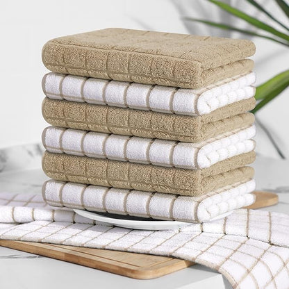 Homaxy Premium Cotton Kitchen Towels 16"x 28", Large Natural Ring Spun 390 GSM Dish Towels, Super Absorbent Terry Kitchen Hand Towels, Soft Tea Towels with Hanging Loop, Tan Check Design, 6 Pack