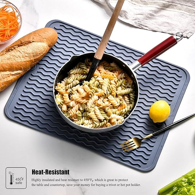 Large 24" x 18" Silicone Dish Drying Mat for Kitchen Counter, Easy clean, Quick Dry, Heat-resistant Dish Drainer Mat for Sink,Refrigerator or Drawer liner (Food Grade Silicone-Grey)