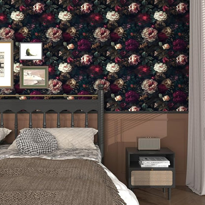 Fvlow Vintage Black Floral Wallpaper 17.4" x 197", Moody Dark Red Flower Print Contact Paper Waterproof Vinyl Covering for Bathroom Countertop Cabinets, Witchy Abstract Art Home Decor Maroon