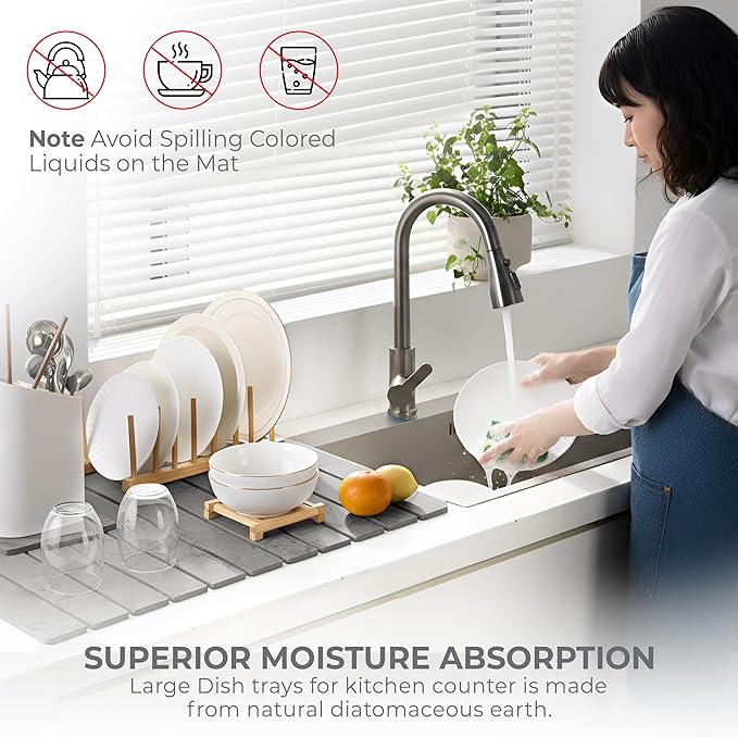 Large Stone Dish Drying Mat for Kitchen Counter, Quick Dry Stone Dishes Mats, Foldable Water Absorbing Diatomaceous Earth Drying Organizer Pad for Rack Bottles Plates(Light Gray 24"×16" & 8"x5")