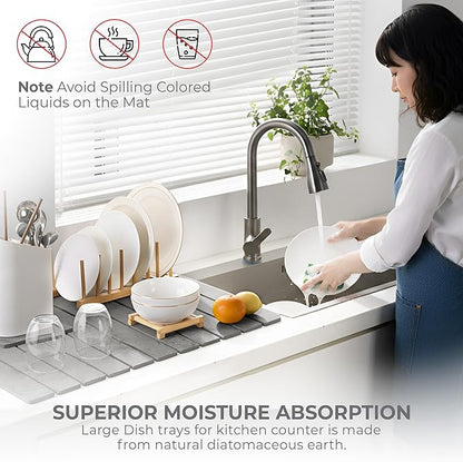 Large Stone Dish Drying Mat for Kitchen Counter, Quick Dry Stone Dishes Mats, Foldable Water Absorbing Diatomaceous Earth Drying Organizer Pad for Rack Bottles Plates(Light Gray 24"×16" & 8"x5")
