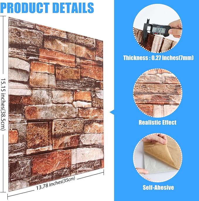 10 Pack 3D Wall Panels Peel and Stick, Waterproof Foam Stone 3D Wallpaper, Self Adhesive Foam Wallpaper for Bedroom Bathroom Kitchen (13.7 * 15.1in)