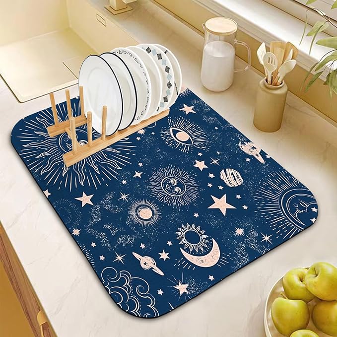 Dish Drying Mat for Kitchen Counter 16x18 Inch, Super Absorbent Dish Drainer Mat, Decorative Microfiber Dishes Drying Pad-Small(Navy Blue Moon)