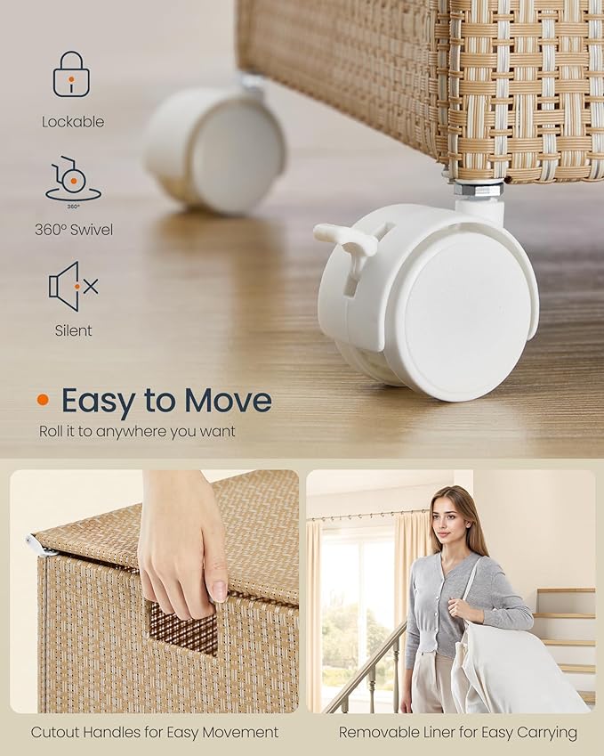 SONGMICS HOME Laundry Hamper with 2 Section, 100 L Large Rolling Laundry Basket with Wheels, Rattan Clothes Hamper with Lid, Removable Liner with Handles, Natural Beige and Matte White ULCB601N01