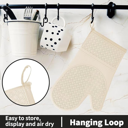 Hovico Silicone Oven Mitts, Heat Resistant 500F Kitchen Mitts 2PCS, 11.6" BPA-Free Soft Baking Gloves, Non-Slip Grip Oven Gloves with Soft Cotton Lining for Kitchen Cooking Baking BBQ - Apricot