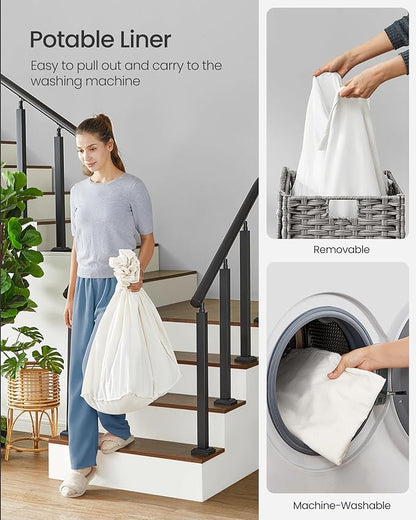 SONGMICS Laundry Hamper with Lid, 42.3 Gallons (160 L), Rolling Laundry Basket with Wheels, 3-Section Synthetic Rattan, Removable Liner, Bedroom, 29.9 x 13 x 26 Inches, Gray ULCB365G01