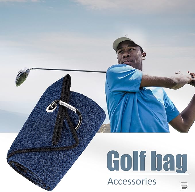 Mile High Life Tri-fold Golf Towel | 16" X 24" | Premium Microfiber Fabric | Waffle Pattern | with Heavy Duty Carabiner Clip | for Men and Women (2 Pack Navy)