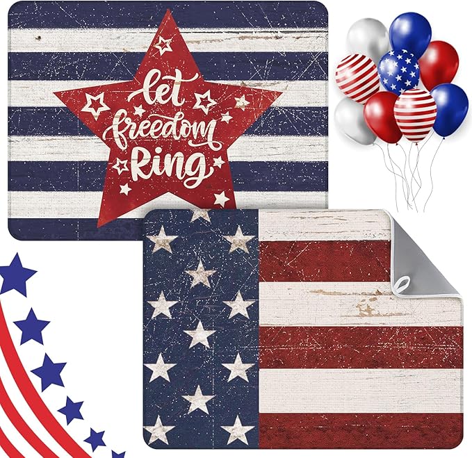 SiliFine 2 Pcs Memorial Day Dish Drying Mat for Kitchen 18 x 24 Inch 4th of July 250th Anniversary USA Patriotic Red White Blue Independence Day Star Microfiber Drainer Mat for Countertop