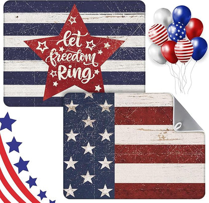 SiliFine 2 Pcs Memorial Day Dish Drying Mat for Kitchen 18 x 24 Inch 4th of July 250th Anniversary USA Patriotic Red White Blue Independence Day Star Microfiber Drainer Mat for Countertop
