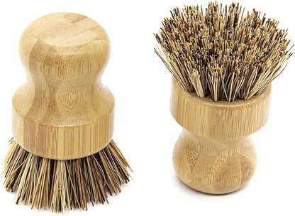 AUEAR, Natural Bamboo Dish Scrub Brush Cleaning Pot Scrubber Brushes Coconut Bristles for Cast Iron Skillet Pots Pans (2-Pack, Deep Color)