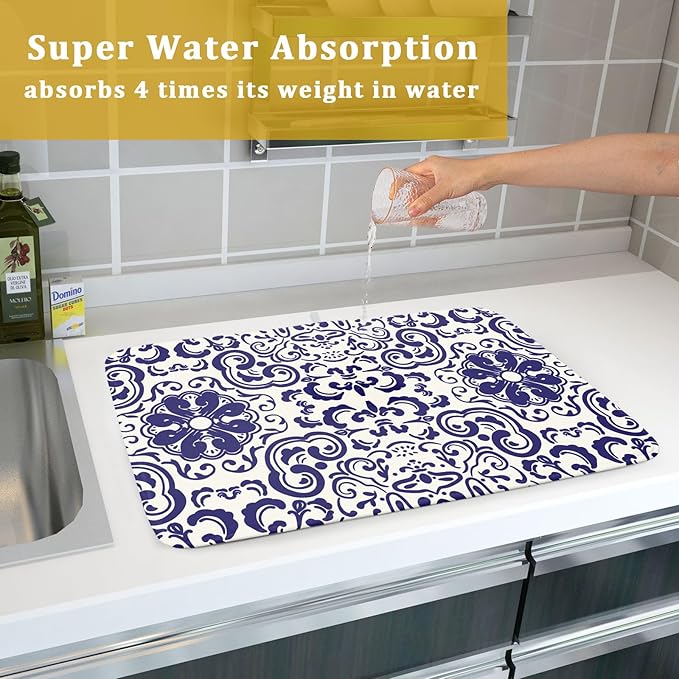 Boho Ethnic Design Dish Drying Mat for Kitchen Counter,Blue Bohemian Mandala Drying Mat 18 x 24 Inch with High Absorbent Reversible Microfiber Dish Drying Pad Dish Rack Pad Drainer Mat for Coffee Bar