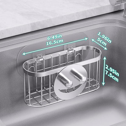HapiRm Sink Caddy Sponge Holder - 2 Installation Ways Kitchen Sink Organizer with Smiley Face Sponge Holder, Stainless Steel Kitchen Caddy - Silver