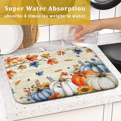Fall Pumpkin Dish Drying Mat for Kitchen Counter 16x18 Inch Vintage Autumn Thanksgiving Absorbent Reversible Microfiber Dish Drainer Rack Mats Countertops Protector Mat
