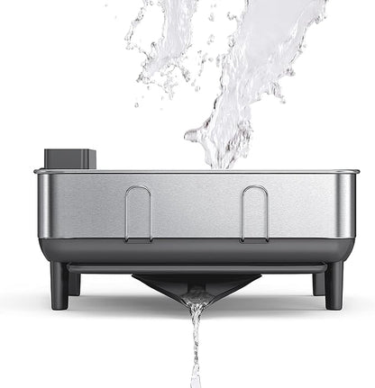 simplehuman Compact Dish Drying Rack with Stainless Steel Frame, 360º Easy Drain Swivel Spout, Utensil Holder, Anti-Residue Coating, Moisture Control Surface, Grey