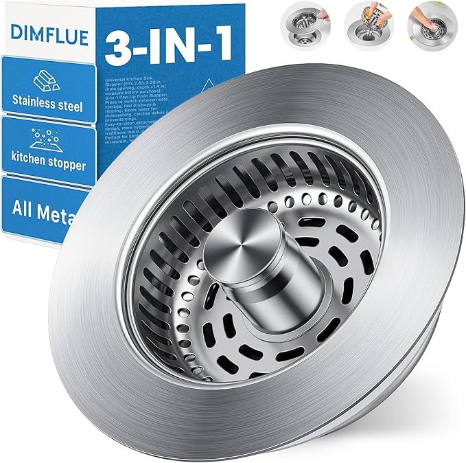 1S-Install Upgraded Kitchen Sink Strainer & Stopper – Pop-Up Fast Drain, Anti-Clog Basket & Deodorizing Cover – Fits US Standard 3.5 in Drain, 3 in 1 Stainless Steel Sink Drain Strainer