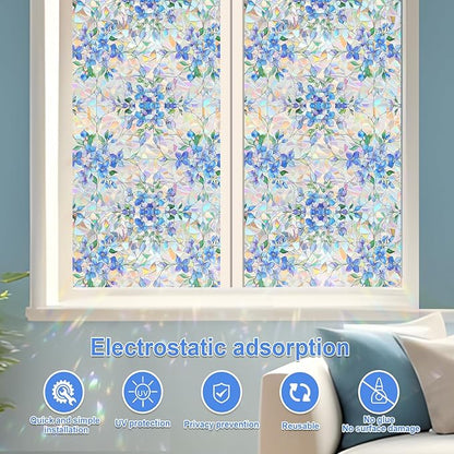 Rainbow Window Privacy Film,Heat Control,UV Blocking,Anti-Glare,Day & Night Privacy Protection & Decoration for Home, Bathroom,Glass Door,Static Cling,Renter-Friendly with Installation Tools
