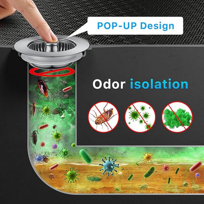 1S-Install Upgraded Kitchen Sink Strainer & Stopper – Pop-Up Fast Drain, Anti-Clog Basket & Deodorizing Cover – Fits US Standard 3.5 in Drain, 3 in 1 Stainless Steel Sink Drain Strainer