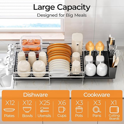 Delamu Stainless Steel Dish Drying Rack, Expandable Dish Drainer, Anti-Rust Large Dish Racks for Kitchen Counter, Dish Strainers with Drainboard, Utensil Holder & Cup Holder, 13.4"-28.7" L x 11.8" W