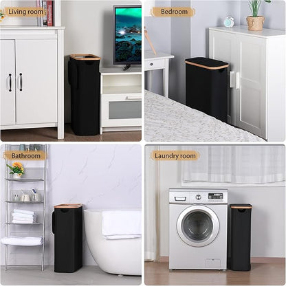 60L Slim Laundry Hamper, Narrow Laundry Basket with Lid,Foldable Clothes Hamper with Bamboo Handles,Hamper Basket with Removable Inner Bag for Laundry Room Bedroom College Dorm,Black