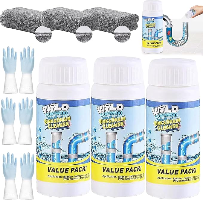 Powerful Sink and Drain Cleaner, Portable Powder Cleaning Tool for Kitchen Toilet Pipe, Unscented, Solid, Removes Clog, Eliminates Odor