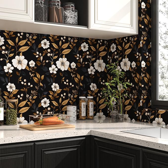 Fvlow Vintage Black Floral Wallpaper Peel and Stick 17.4" x 118", Retro Golden Leaf White Flower Pattern Contact Paper Classic Removable Covering for Bedroom Bathroom Cabinet Drawer Home Decor Dark