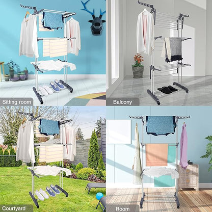 Clothes Drying Rack, Large 3-Tier Rolling Folding Dryer Hanger Storage Collapsible Garment Rack Standing Rack with Foldable Wings and Casters for Indoor Outdoor
