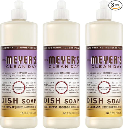 MRS. MEYER'S CLEAN DAY Liquid Dish Soap, Compassion Flower Scent, 16 Fl Oz Bottle - 3 Pack