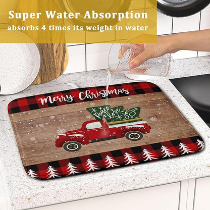 Christmas Dish Drying Mat 16 x 18 Inch with Hanging Loop High Absorbent Reversible Microfiber Red Truck Buffalo Check Plaid Dish Mat Dish Drying Pad Dish Rack Pad Drainer Mat Counter Mat