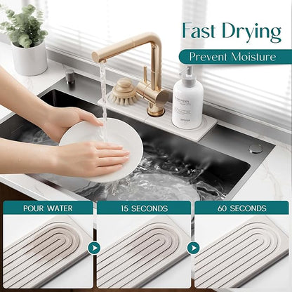 eormoe Faucet Mat for Kitchen Sink - Wider Diatomite Fast Drying Stone Sink Tray, Super Absorbent, Prevents Moisture Buildup - Faucet Splash Guard for Bathroom Counter (Light Grey, 15x5.3inch)