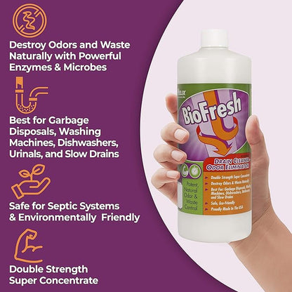 Enzyme Drain Cleaner & Deodorizer for Sink Drain, Showers, Septic Systems, Bathroom & Kitchen - Smell Remover for Fruit Fly Garbage Disposals, Dishwasher & Washing Machines - (32oz)