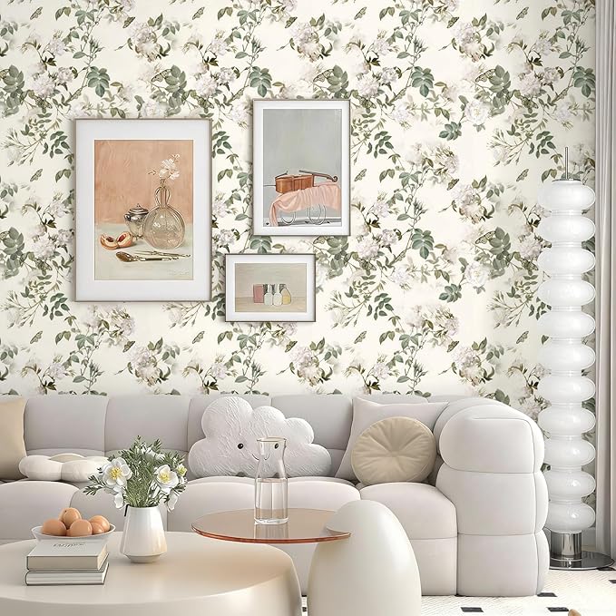 Wudnaye Vintage Floral Peel and Stick Wallpaper Beige Flower Contact Paper16.9’’×393’’Green Leaf Self Adhesive Removable Wallpaper Floral Rose Wall Paper Waterproof for Bathroom Bedroom Cabinets Decor