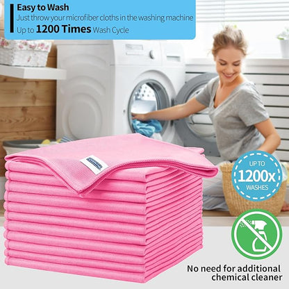 HOMERHYME Microfiber Cleaning Cloth, 12 Pack Window Glasses Cleaning Cloth, Reusable Lint-Free Streak Free Polishing Cloth Wipes for Stainless Steel, Eyeglasses, Mirrors, Screens & Lenses,12"*12" Pink