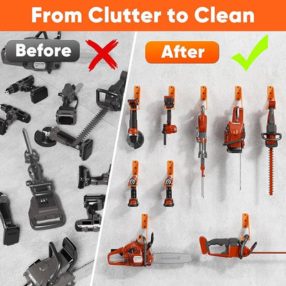 POKIPO Chainsaw Hanger,4 Pack Chainsaw Holder Wall Mount Heavy Duty Metal Chainsaw Chain Hook Storage Loads 70lbs Accessories Chainsaw Rack Organizer fits for Most Tools for Garden,Garage, Workshop